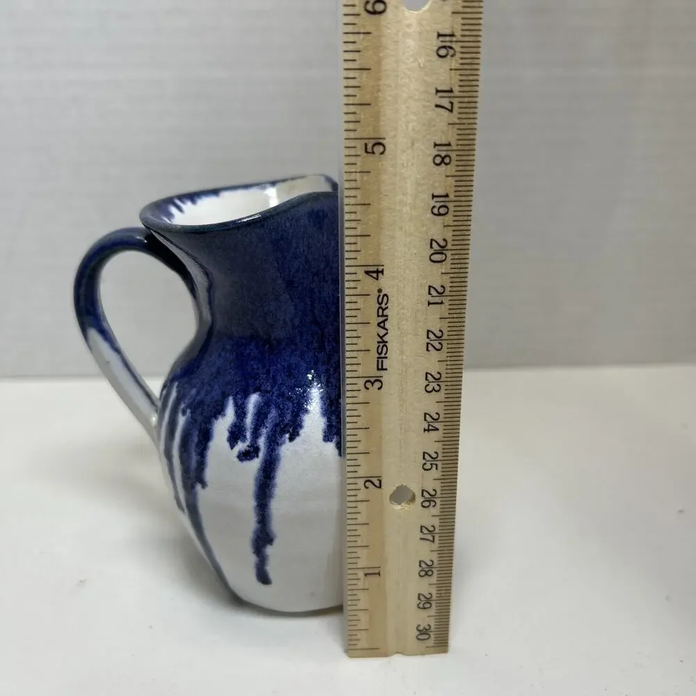 Vtg Holly Hill Pottery Seagrove NC Cream Pitcher Blue Drip Glaze Over White ARB